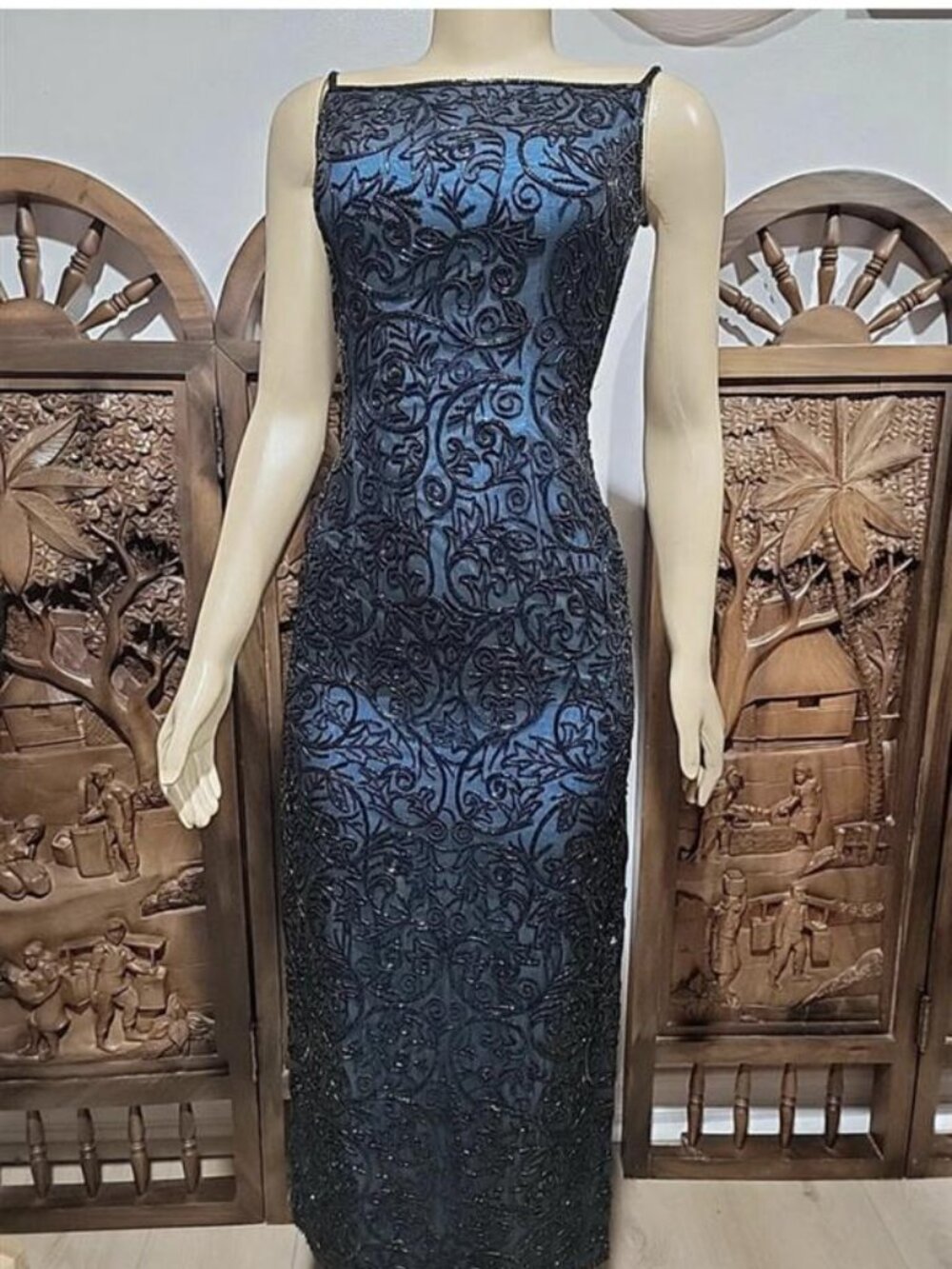 Cache Blue Black Lace Silk Overlay Maxi Dress Size S